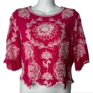 Solitaire, Anthropologie, pink, embroidered, 3/4 sleeve, rayon, blouse. Size de